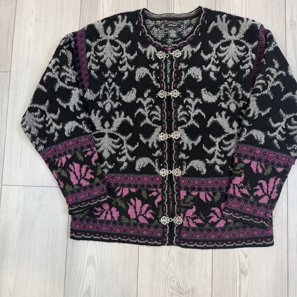 VTG Skyr Women's Wool Blend Cardigan Sweater Medium Floral Nordic Isle - Picture 2 of 10